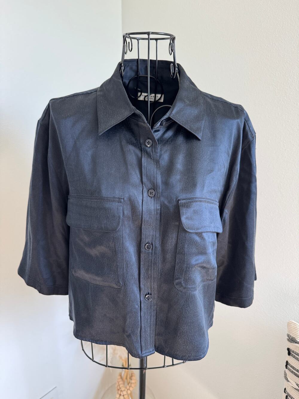 EQUIPMENT Black Silk Cropped Short Sleeve Utility Pocket Button Down Shirt